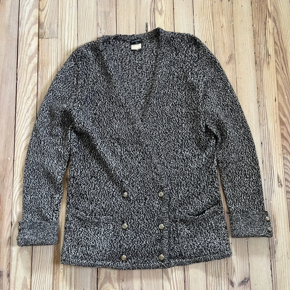 VTG Chanel Cardigan Womens Cashmere Brown White Marled CC Button Double Breasted